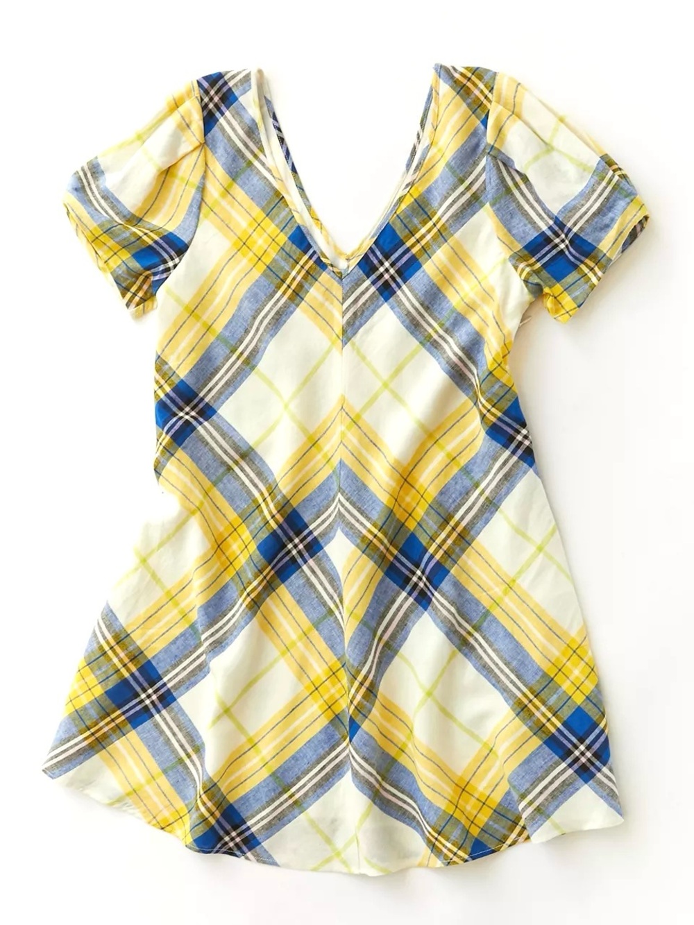 NWT Urban Outfitters Peppa Plaid Linen Puff Sleeve V-Neck Mini Dress XS Flirty